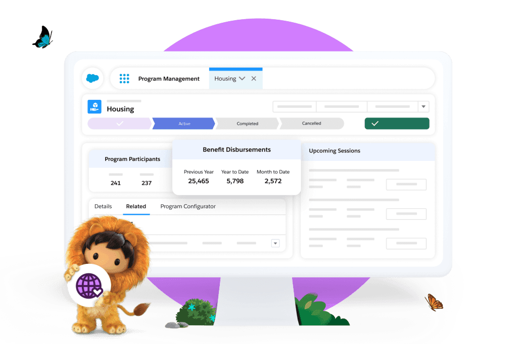 Illustration of Salesforce Nonprofit Cloud program management with program participants, benefit disbursements, and upcoming sessions