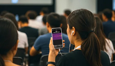 Conference attendee using AI speech translation from Interprenet