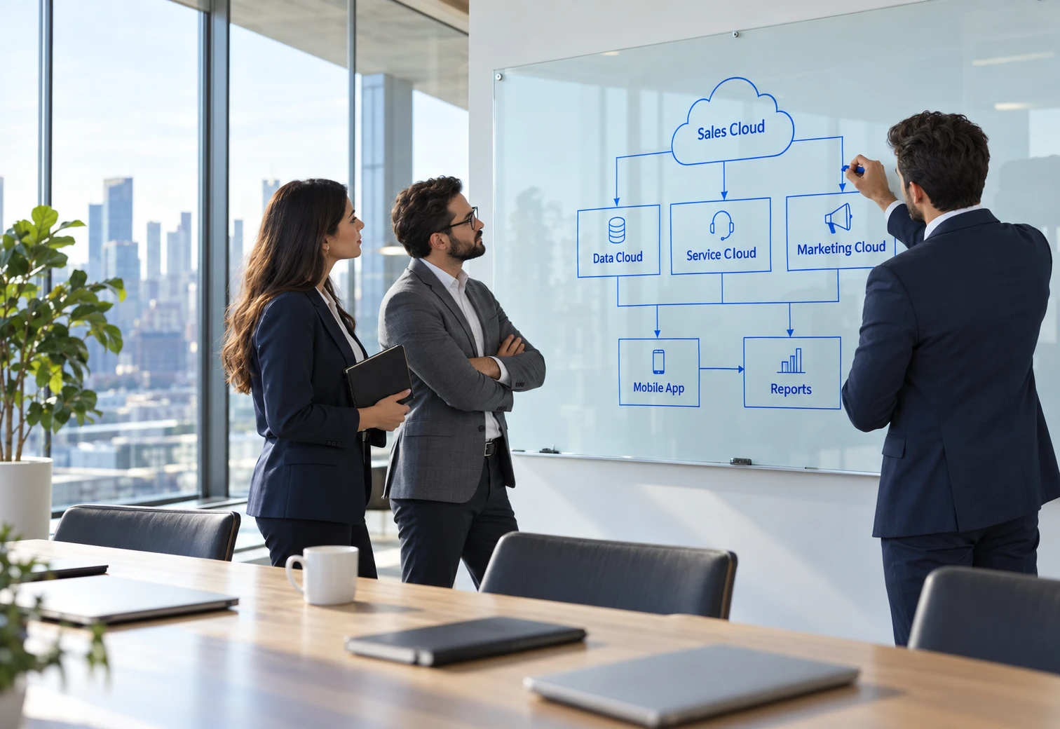 Three consultants planning Salesforce architecture on a glass whiteboard