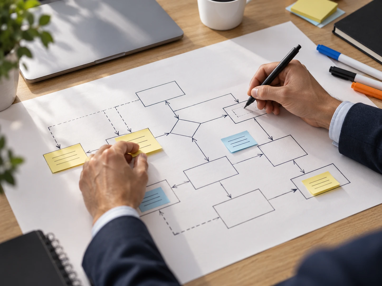 Hands mapping a business workflow with diagrams, markers, and sticky notes